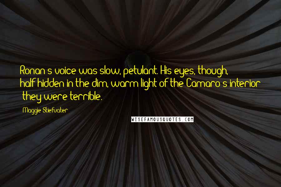 Maggie Stiefvater Quotes: Ronan's voice was slow, petulant. His eyes, though, half-hidden in the dim, warm light of the Camaro's interior  they were terrible.