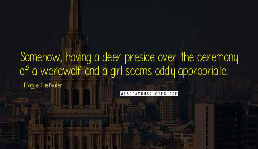 Maggie Stiefvater Quotes: Somehow, having a deer preside over the ceremony of a werewolf and a girl seems oddly appropriate.