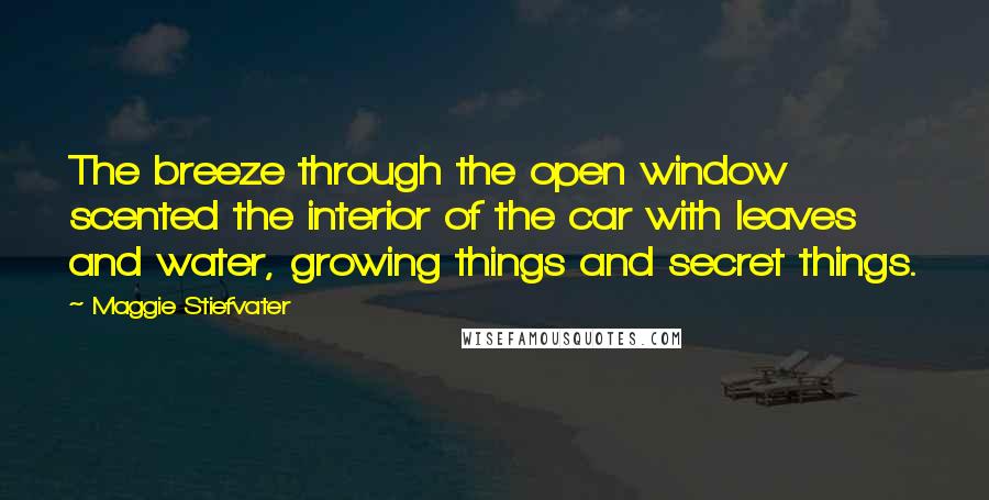 Maggie Stiefvater Quotes: The breeze through the open window scented the interior of the car with leaves and water, growing things and secret things.