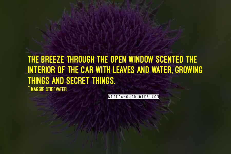 Maggie Stiefvater Quotes: The breeze through the open window scented the interior of the car with leaves and water, growing things and secret things.