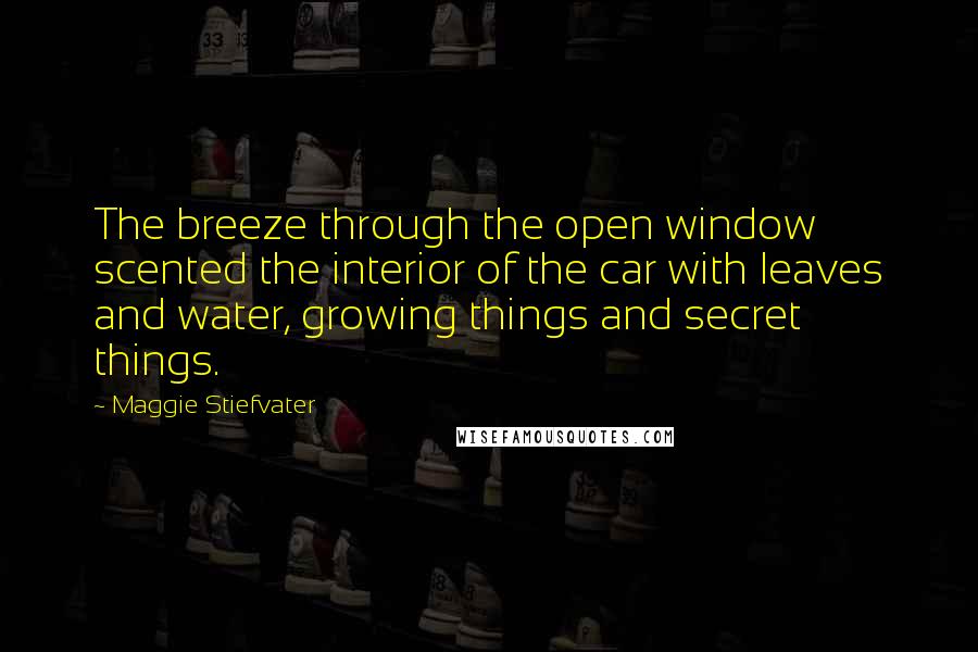 Maggie Stiefvater Quotes: The breeze through the open window scented the interior of the car with leaves and water, growing things and secret things.