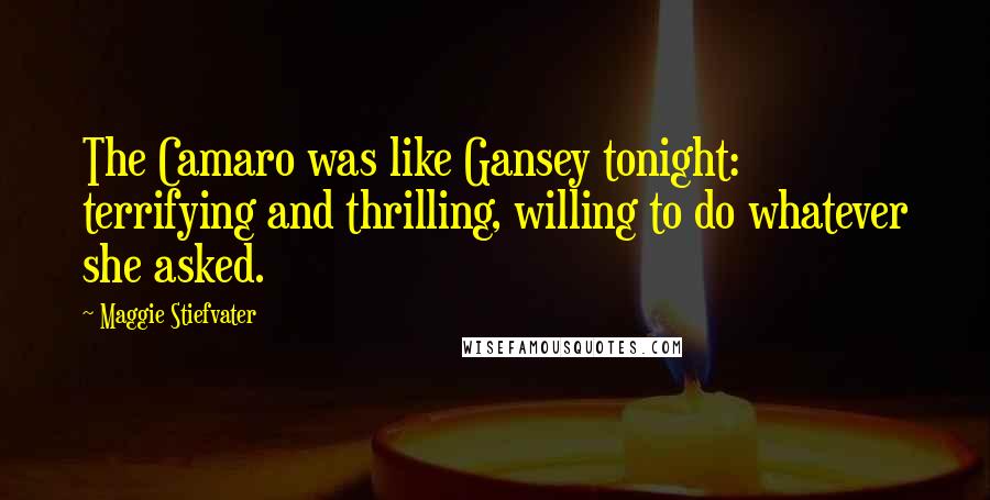 Maggie Stiefvater Quotes: The Camaro was like Gansey tonight: terrifying and thrilling, willing to do whatever she asked.