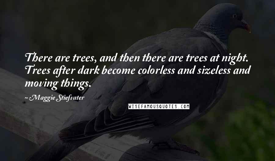 Maggie Stiefvater Quotes: There are trees, and then there are trees at night. Trees after dark become colorless and sizeless and moving things.