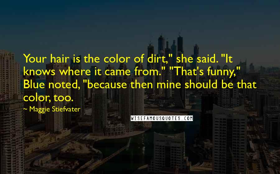 Maggie Stiefvater Quotes: Your hair is the color of dirt," she said. "It knows where it came from." "That's funny," Blue noted, "because then mine should be that color, too.