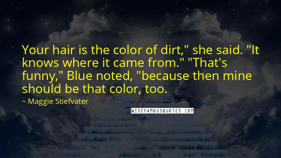 Maggie Stiefvater Quotes: Your hair is the color of dirt," she said. "It knows where it came from." "That's funny," Blue noted, "because then mine should be that color, too.