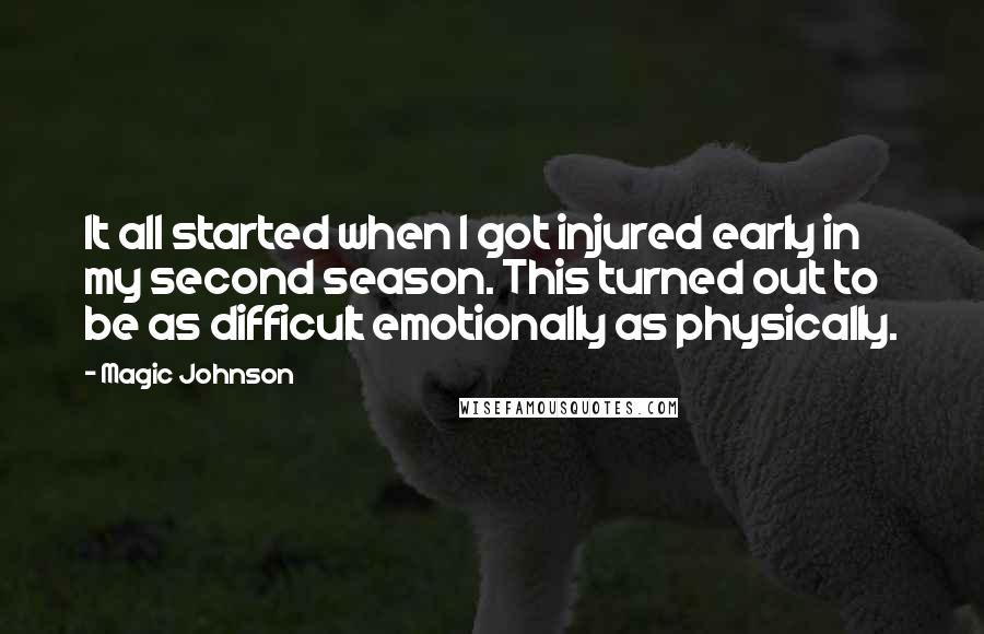 Magic Johnson Quotes: It all started when I got injured early in my second season. This turned out to be as difficult emotionally as physically.