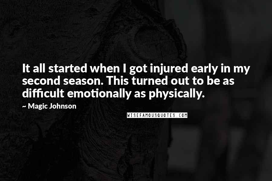 Magic Johnson Quotes: It all started when I got injured early in my second season. This turned out to be as difficult emotionally as physically.