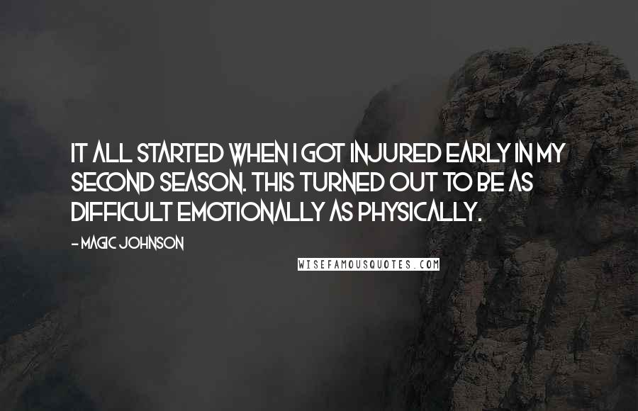 Magic Johnson Quotes: It all started when I got injured early in my second season. This turned out to be as difficult emotionally as physically.