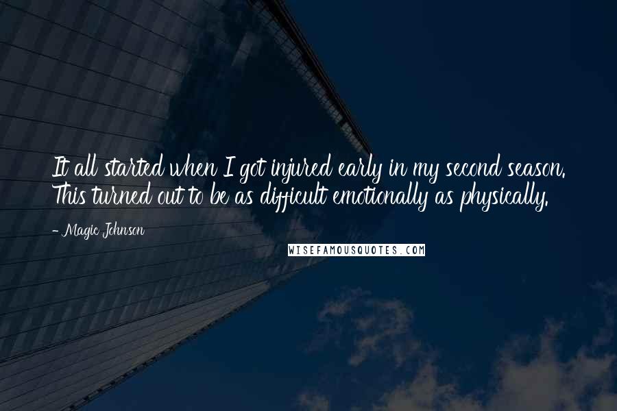 Magic Johnson Quotes: It all started when I got injured early in my second season. This turned out to be as difficult emotionally as physically.