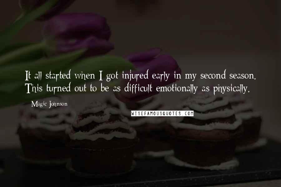 Magic Johnson Quotes: It all started when I got injured early in my second season. This turned out to be as difficult emotionally as physically.