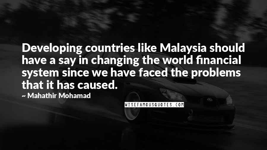 Mahathir Mohamad Quotes: Developing countries like Malaysia should have a say in changing the world financial system since we have faced the problems that it has caused.