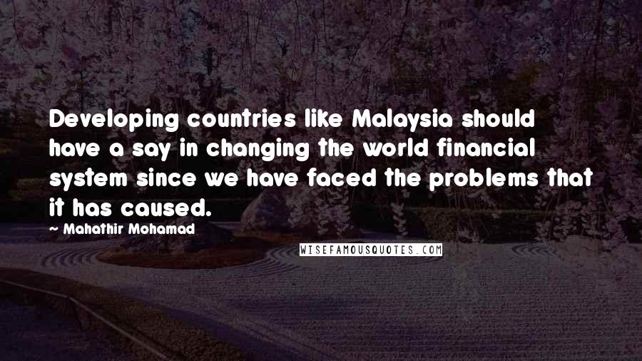 Mahathir Mohamad Quotes: Developing countries like Malaysia should have a say in changing the world financial system since we have faced the problems that it has caused.