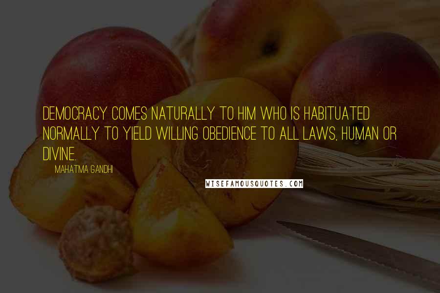 Mahatma Gandhi Quotes: Democracy comes naturally to him who is habituated normally to yield willing obedience to all laws, human or divine.