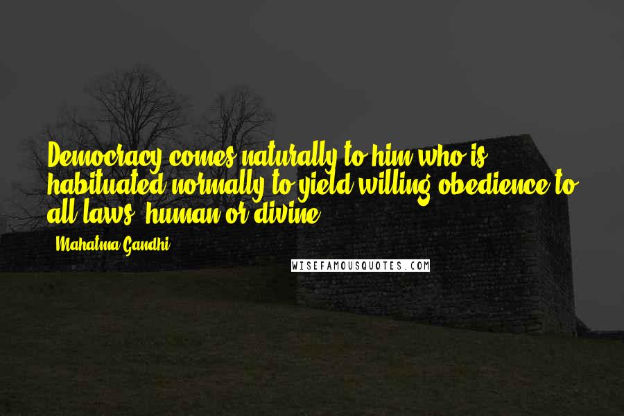 Mahatma Gandhi Quotes: Democracy comes naturally to him who is habituated normally to yield willing obedience to all laws, human or divine.