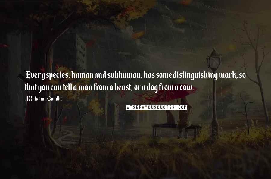 Mahatma Gandhi Quotes: Every species, human and subhuman, has some distinguishing mark, so that you can tell a man from a beast, or a dog from a cow.