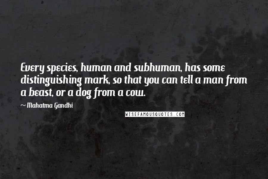 Mahatma Gandhi Quotes: Every species, human and subhuman, has some distinguishing mark, so that you can tell a man from a beast, or a dog from a cow.