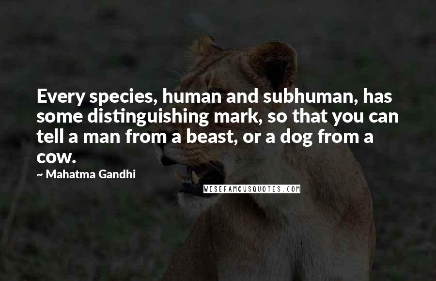 Mahatma Gandhi Quotes: Every species, human and subhuman, has some distinguishing mark, so that you can tell a man from a beast, or a dog from a cow.