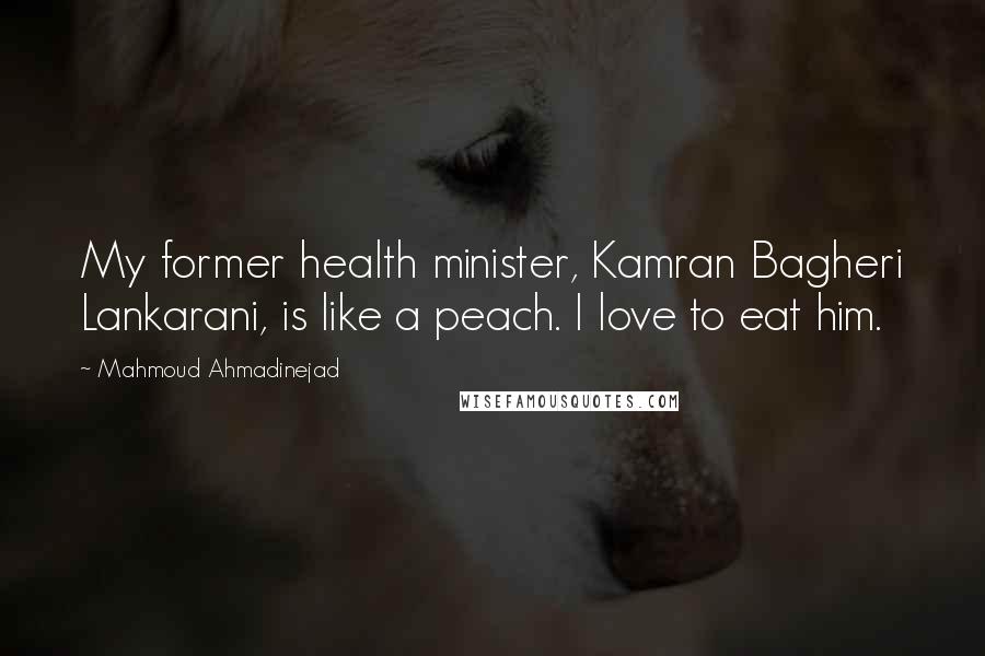 Mahmoud Ahmadinejad Quotes: My former health minister, Kamran Bagheri Lankarani, is like a peach. I love to eat him.