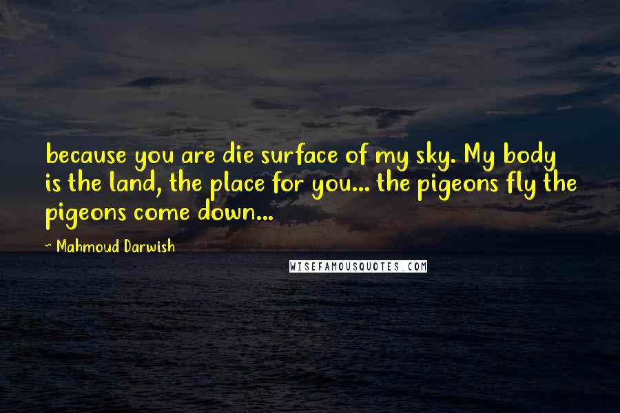 Mahmoud Darwish Quotes: because you are die surface of my sky. My body is the land, the place for you... the pigeons fly the pigeons come down...