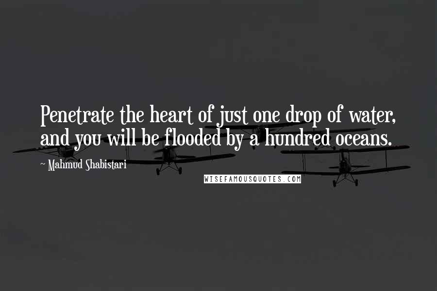 Mahmud Shabistari Quotes: Penetrate the heart of just one drop of water, and you will be flooded by a hundred oceans.