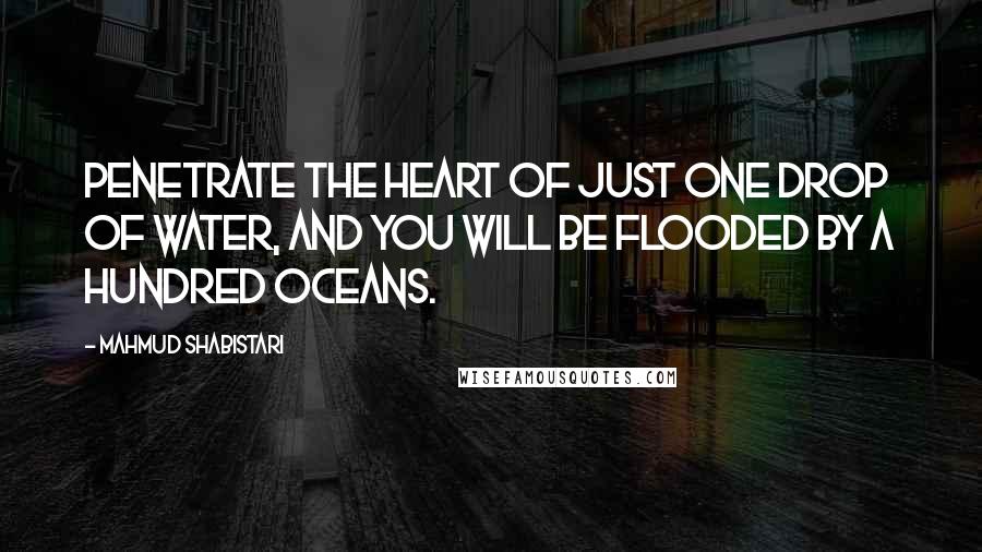 Mahmud Shabistari Quotes: Penetrate the heart of just one drop of water, and you will be flooded by a hundred oceans.
