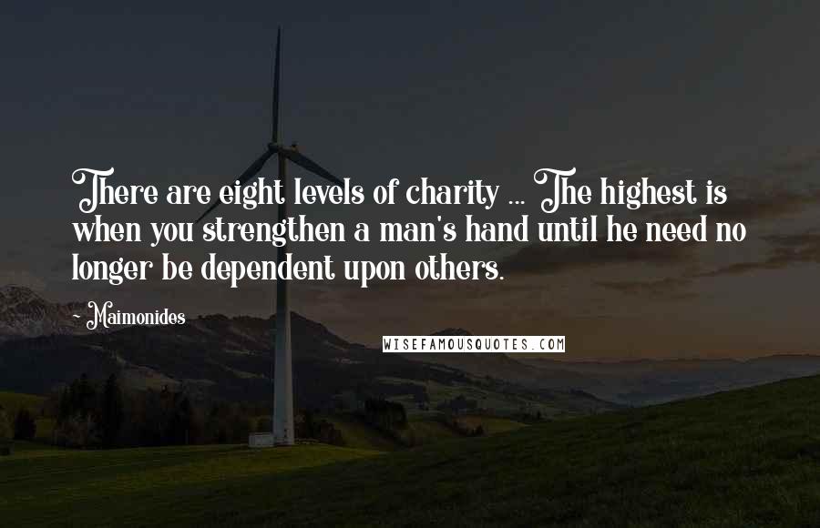 Maimonides Quotes: There are eight levels of charity ... The highest is when you strengthen a man's hand until he need no longer be dependent upon others.