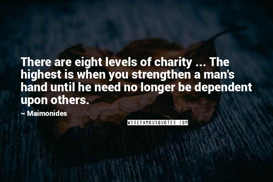 Maimonides Quotes: There are eight levels of charity ... The highest is when you strengthen a man's hand until he need no longer be dependent upon others.