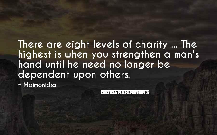 Maimonides Quotes: There are eight levels of charity ... The highest is when you strengthen a man's hand until he need no longer be dependent upon others.