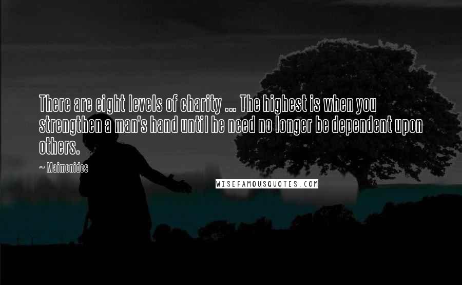 Maimonides Quotes: There are eight levels of charity ... The highest is when you strengthen a man's hand until he need no longer be dependent upon others.