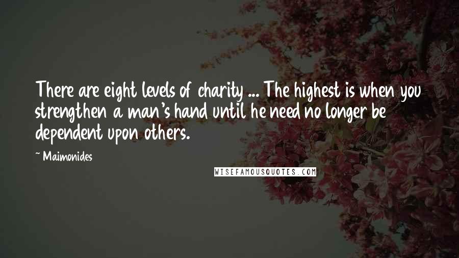 Maimonides Quotes: There are eight levels of charity ... The highest is when you strengthen a man's hand until he need no longer be dependent upon others.