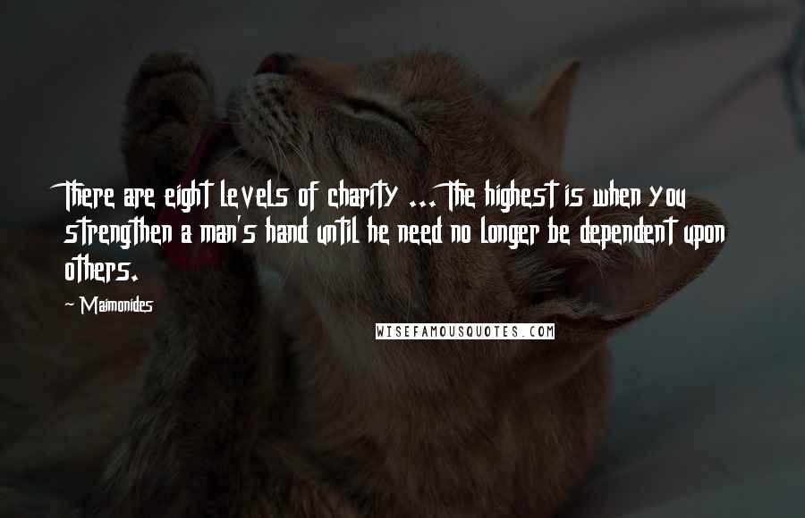 Maimonides Quotes: There are eight levels of charity ... The highest is when you strengthen a man's hand until he need no longer be dependent upon others.