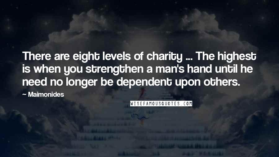 Maimonides Quotes: There are eight levels of charity ... The highest is when you strengthen a man's hand until he need no longer be dependent upon others.