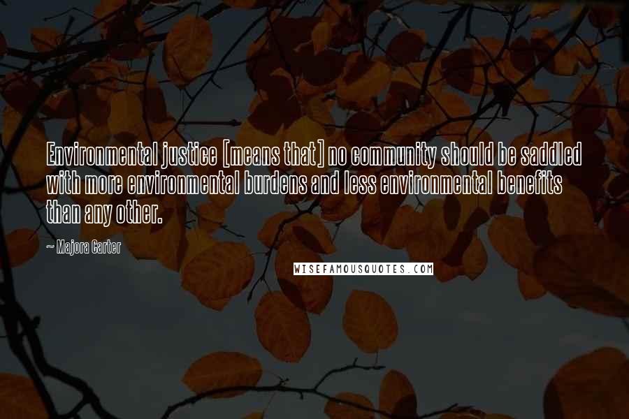 Majora Carter Quotes: Environmental justice [means that] no community should be saddled with more environmental burdens and less environmental benefits than any other.