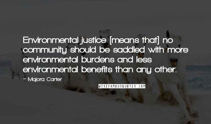 Majora Carter Quotes: Environmental justice [means that] no community should be saddled with more environmental burdens and less environmental benefits than any other.