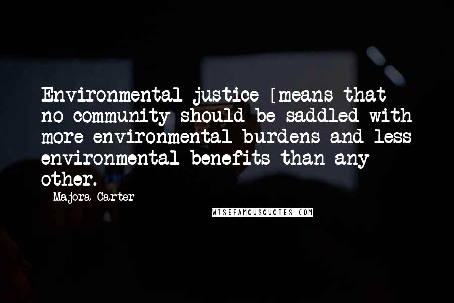 Majora Carter Quotes: Environmental justice [means that] no community should be saddled with more environmental burdens and less environmental benefits than any other.