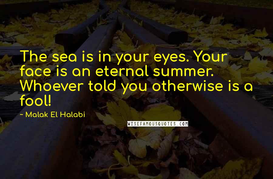 Malak El Halabi Quotes: The sea is in your eyes. Your face is an eternal summer. Whoever told you otherwise is a fool!