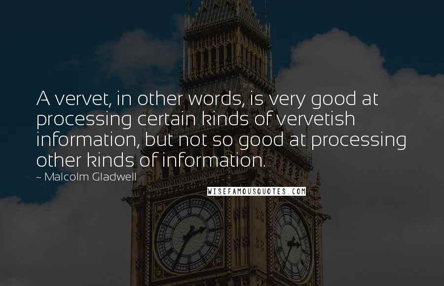 Malcolm Gladwell Quotes: A vervet, in other words, is very good at processing certain kinds of vervetish information, but not so good at processing other kinds of information.