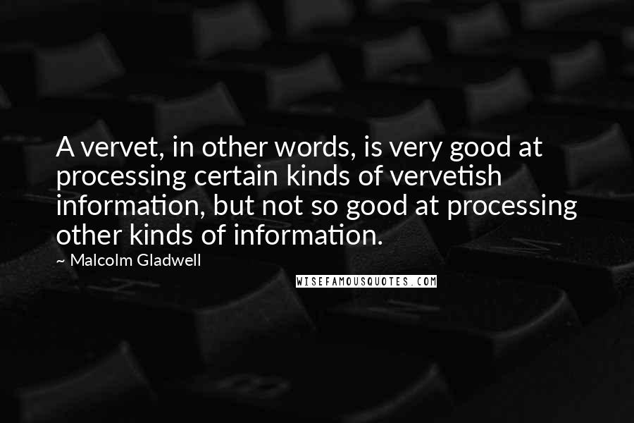 Malcolm Gladwell Quotes: A vervet, in other words, is very good at processing certain kinds of vervetish information, but not so good at processing other kinds of information.