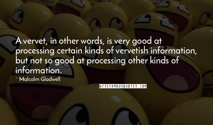 Malcolm Gladwell Quotes: A vervet, in other words, is very good at processing certain kinds of vervetish information, but not so good at processing other kinds of information.