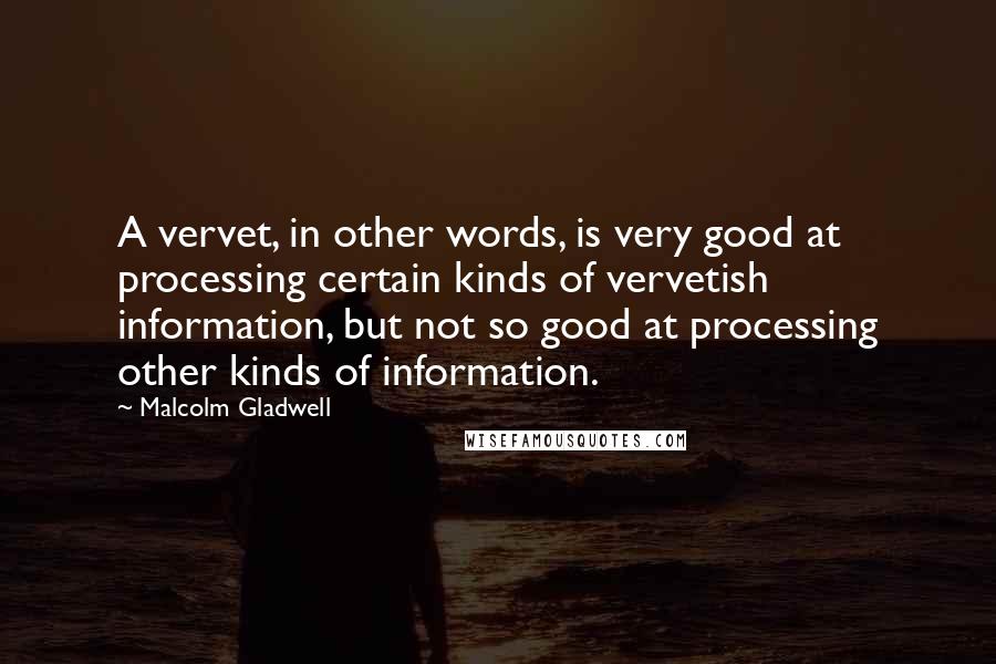 Malcolm Gladwell Quotes: A vervet, in other words, is very good at processing certain kinds of vervetish information, but not so good at processing other kinds of information.