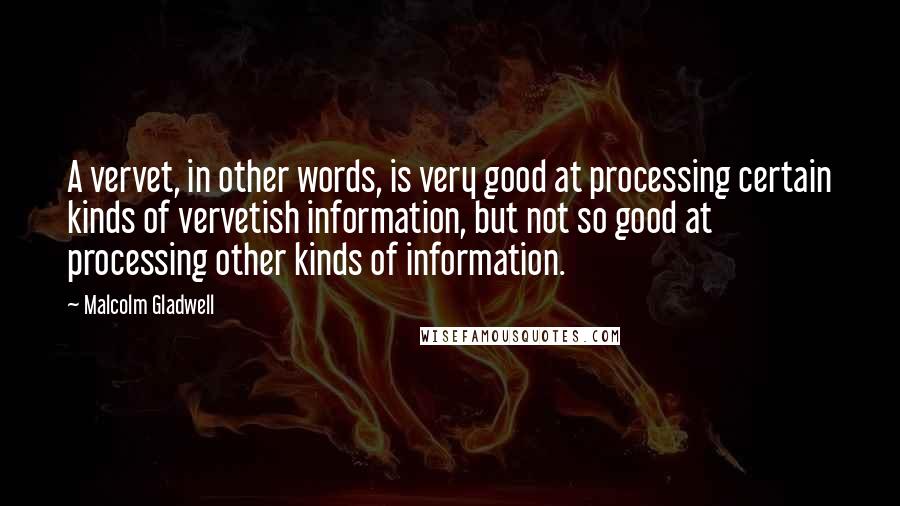 Malcolm Gladwell Quotes: A vervet, in other words, is very good at processing certain kinds of vervetish information, but not so good at processing other kinds of information.