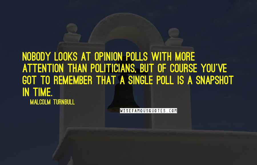Malcolm Turnbull Quotes: Nobody looks at opinion polls with more attention than politicians, but of course you've got to remember that a single poll is a snapshot in time.