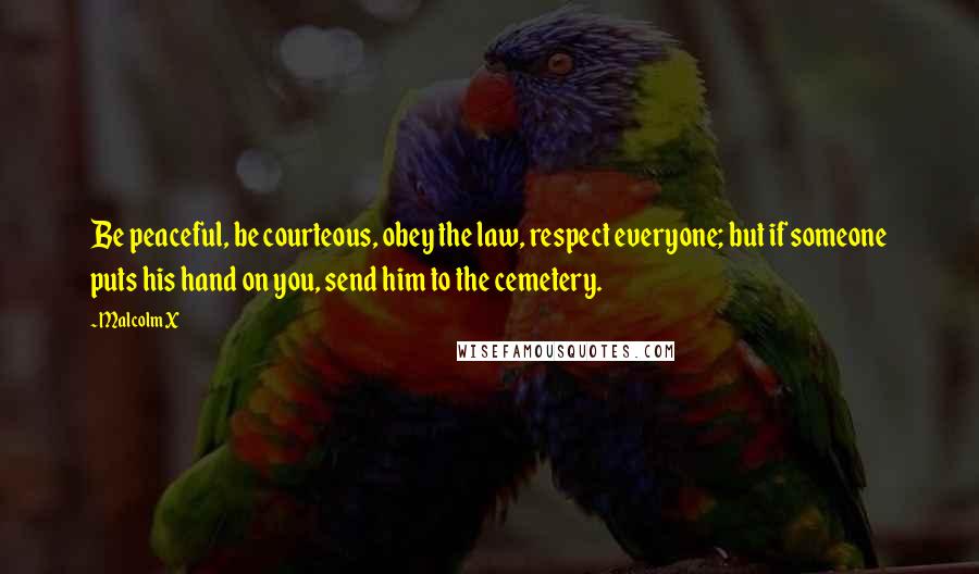 Malcolm X Quotes: Be peaceful, be courteous, obey the law, respect everyone; but if someone puts his hand on you, send him to the cemetery.