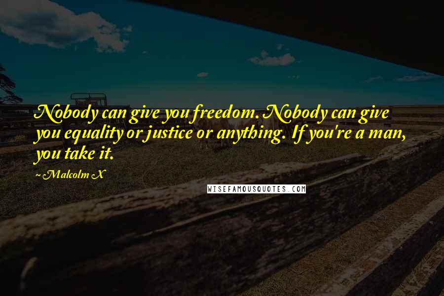 Malcolm X Quotes: Nobody can give you freedom. Nobody can give you equality or justice or anything. If you're a man, you take it.