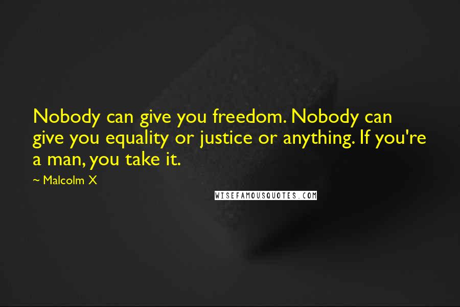 Malcolm X Quotes: Nobody can give you freedom. Nobody can give you equality or justice or anything. If you're a man, you take it.