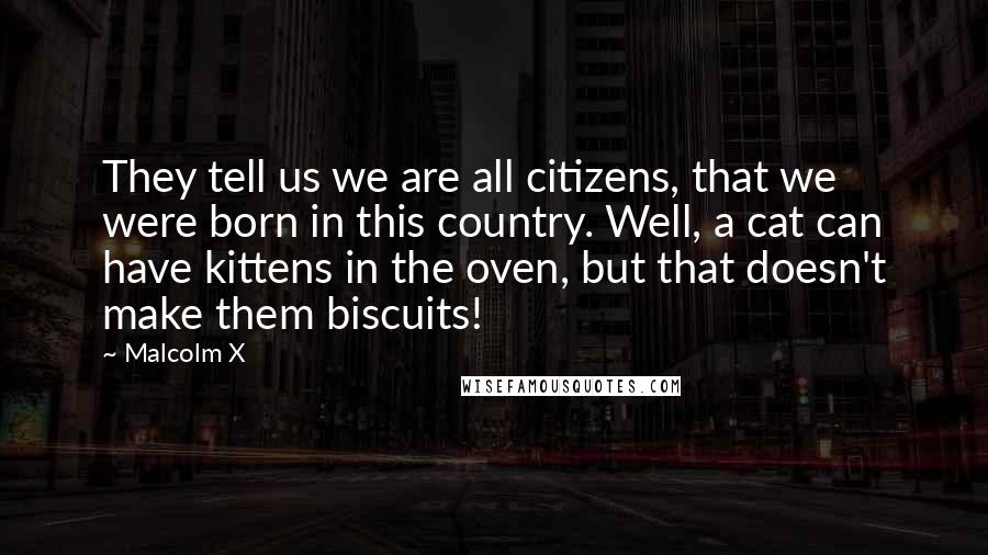 Malcolm X Quotes: They tell us we are all citizens, that we were born in this country. Well, a cat can have kittens in the oven, but that doesn't make them biscuits!