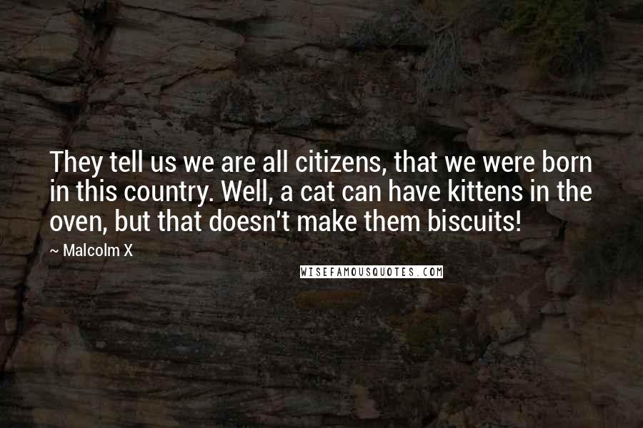 Malcolm X Quotes: They tell us we are all citizens, that we were born in this country. Well, a cat can have kittens in the oven, but that doesn't make them biscuits!