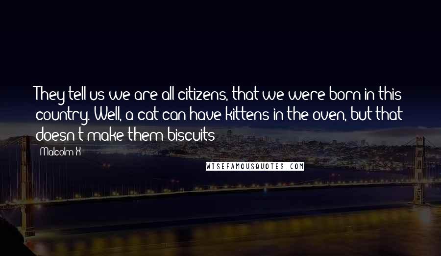 Malcolm X Quotes: They tell us we are all citizens, that we were born in this country. Well, a cat can have kittens in the oven, but that doesn't make them biscuits!