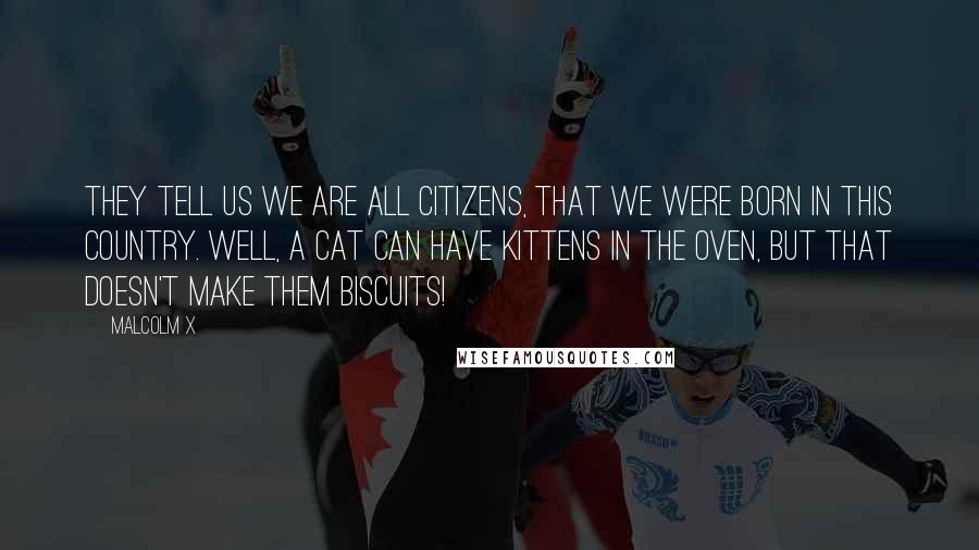 Malcolm X Quotes: They tell us we are all citizens, that we were born in this country. Well, a cat can have kittens in the oven, but that doesn't make them biscuits!