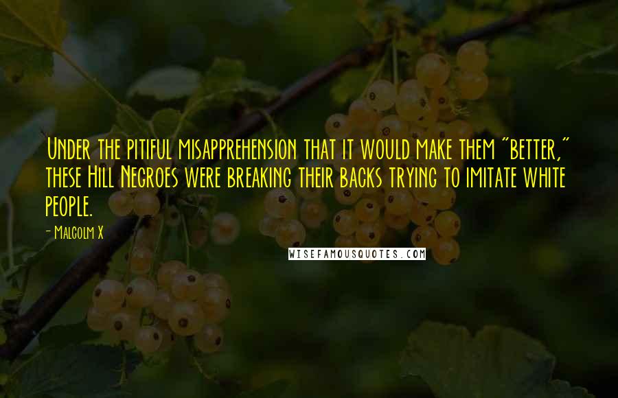Malcolm X Quotes: Under the pitiful misapprehension that it would make them "better," these Hill Negroes were breaking their backs trying to imitate white people.